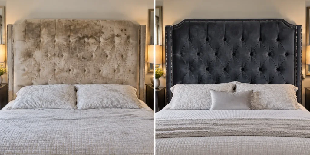 Faded tufted headboard before and recovered in charcoal after