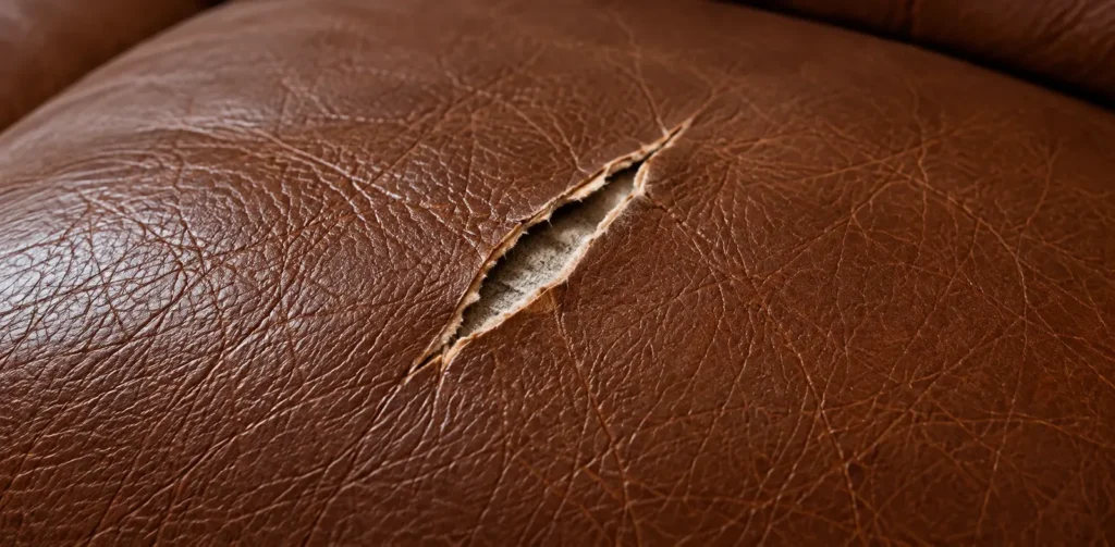 Leather rip at stage 2. Small tear