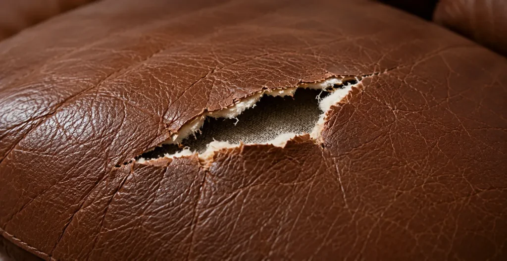 Leather rip at stage 3. Open rip