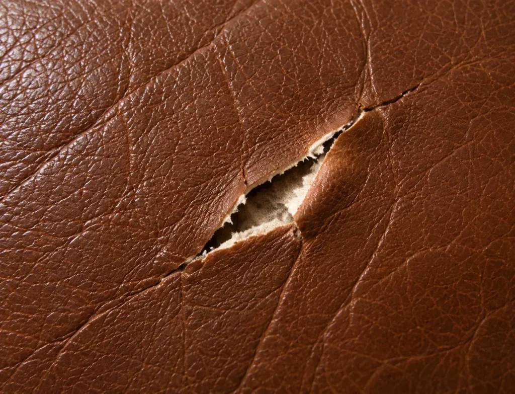 Ripped brown leather with edges closed