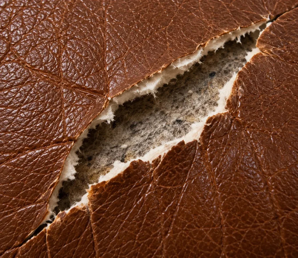 Ripped brown leather with an open gap