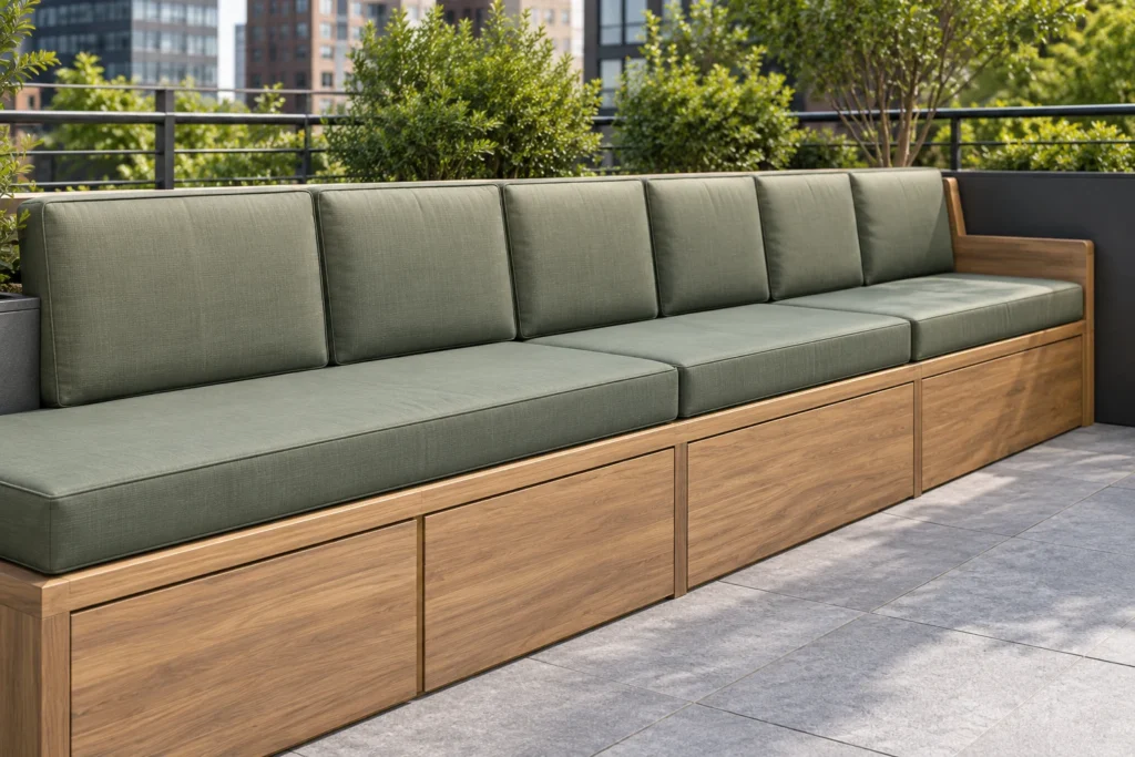 A banquette with loose cushions on a teak base