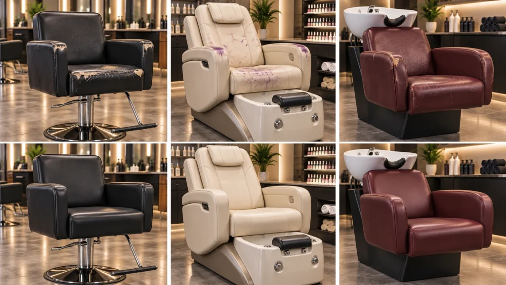 Worn styling, pedicure and shampoo chairs in the top row, recovered versions in the bottom row