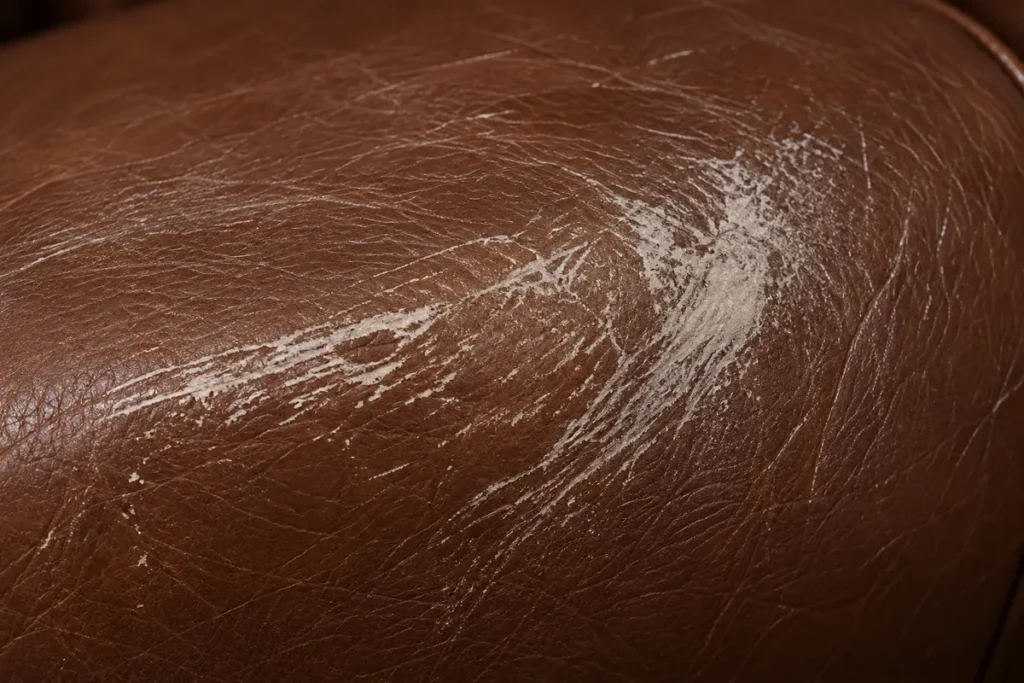 A scuff: a rubbed, dull patch on leather