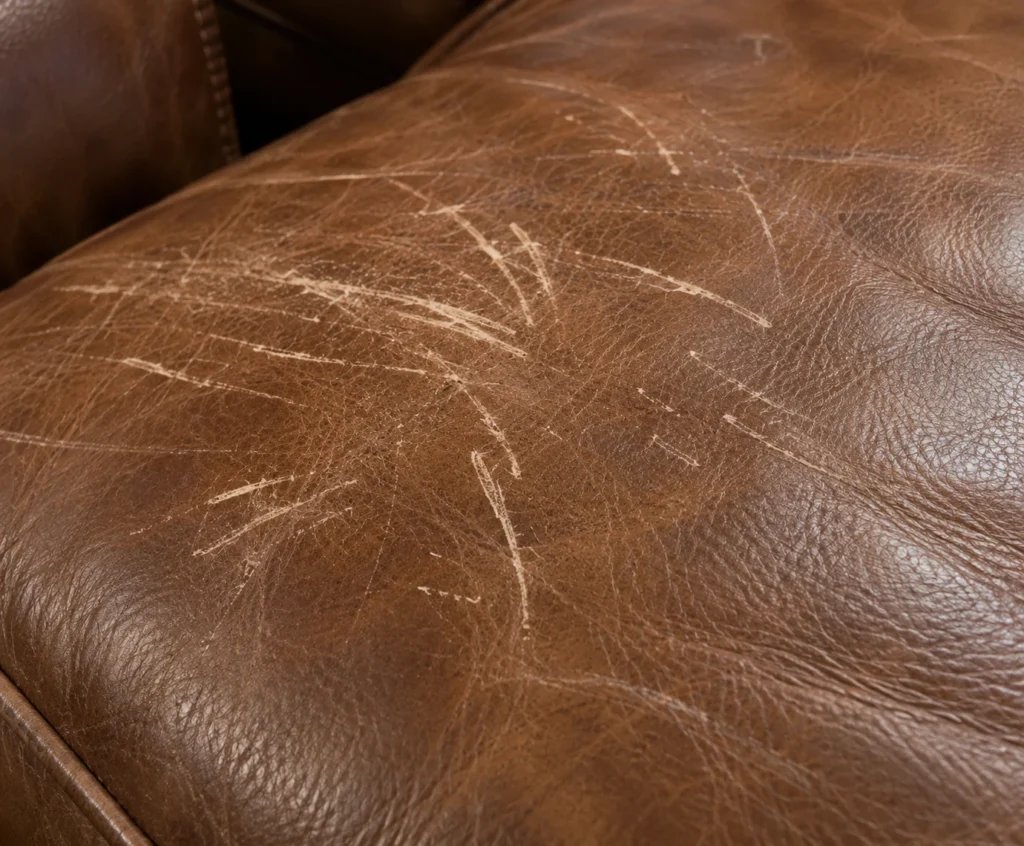 Brown leather ottoman top marked with surface scratches