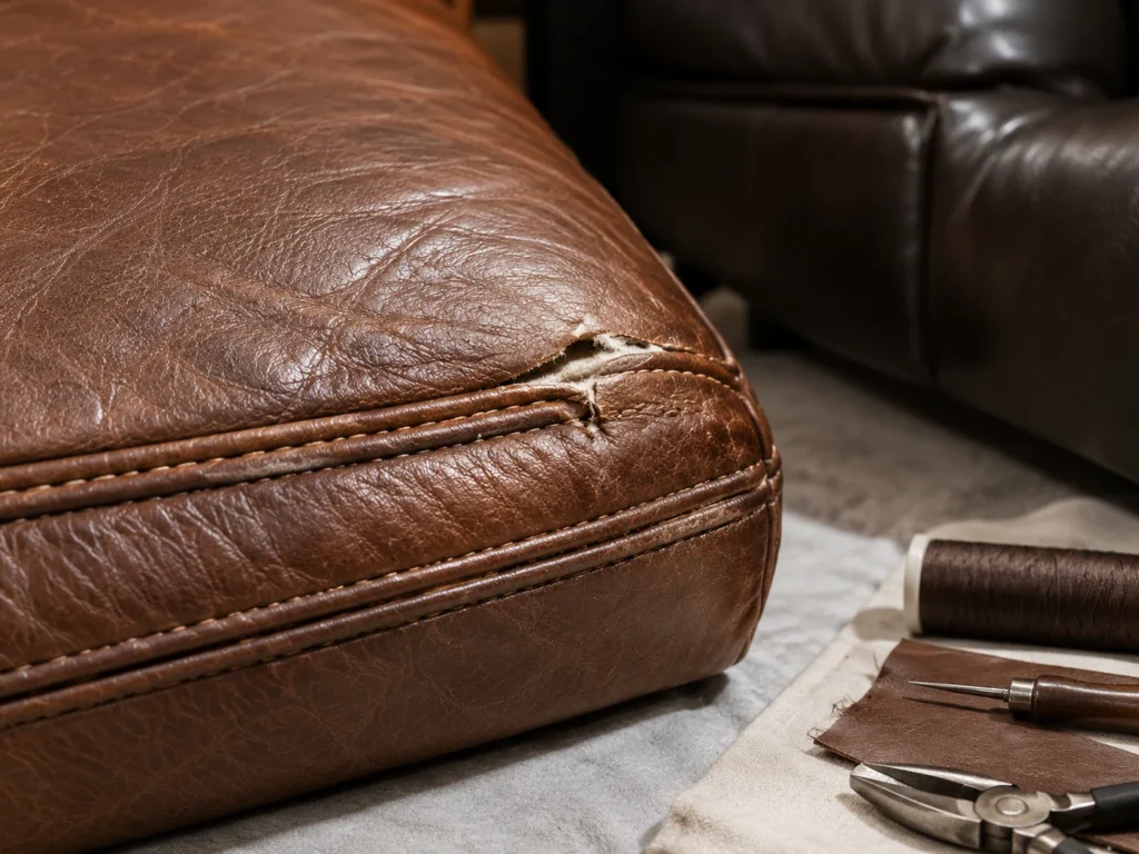 Leather seam repair method: reinforce, then stitch
