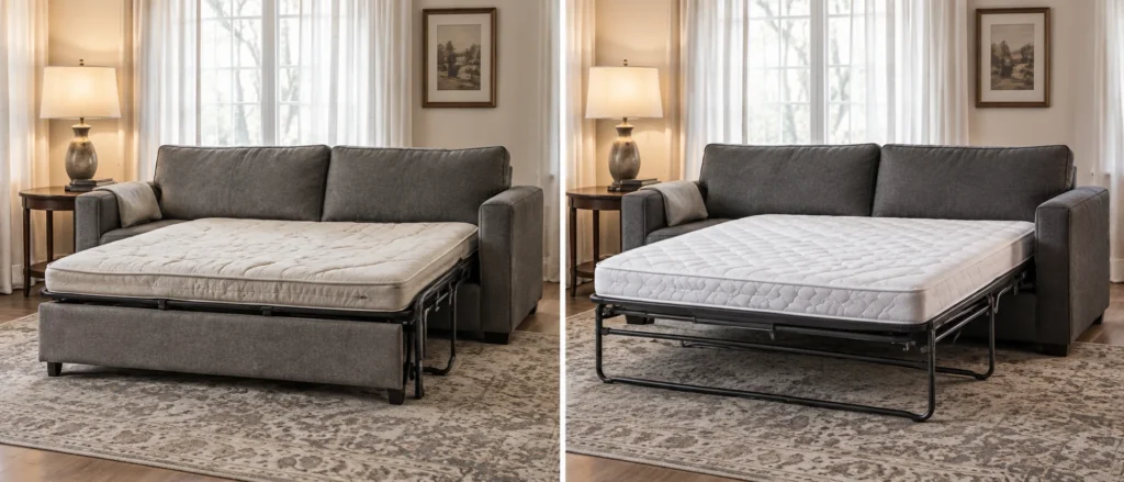 One sofa bed shown with its sagging old mattress and with a new firm one