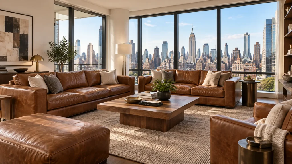 A leather sofa in a staged listing