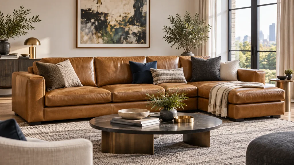 A leather sectional in a staged room