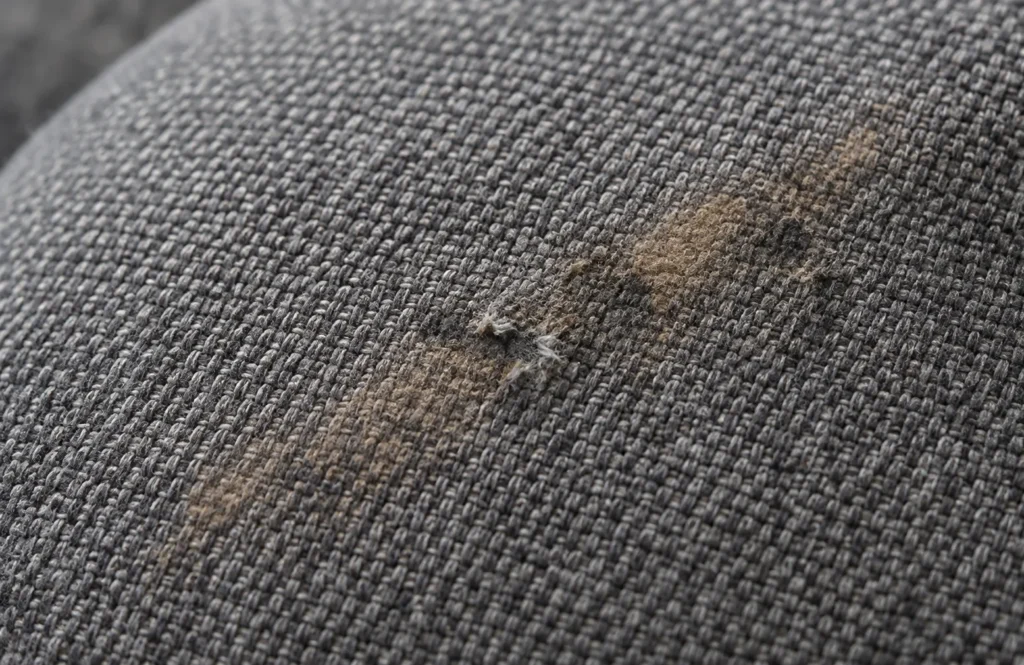 Office chair close-up: stained, torn fabric