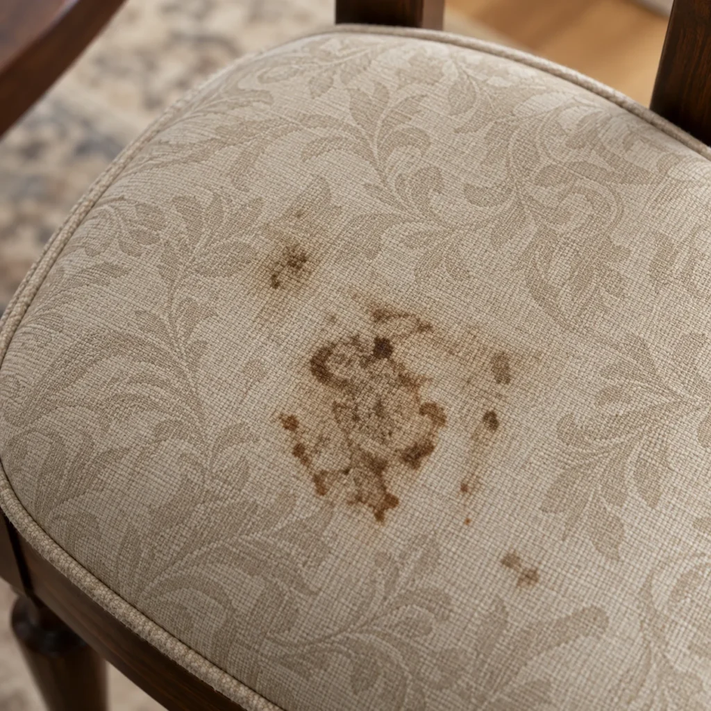 Stained damask seat on a dining chair