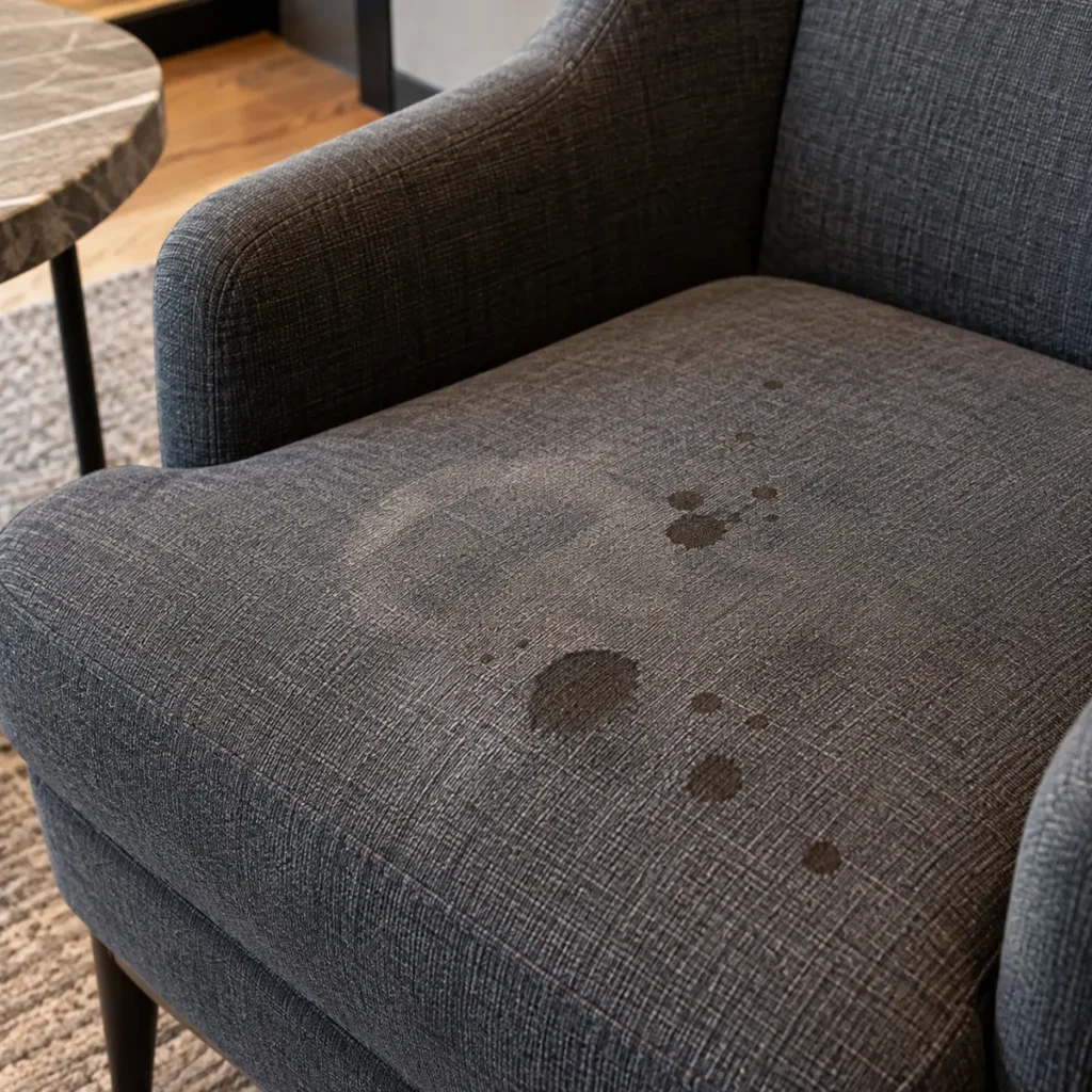 A stained fabric chair in an amenity room