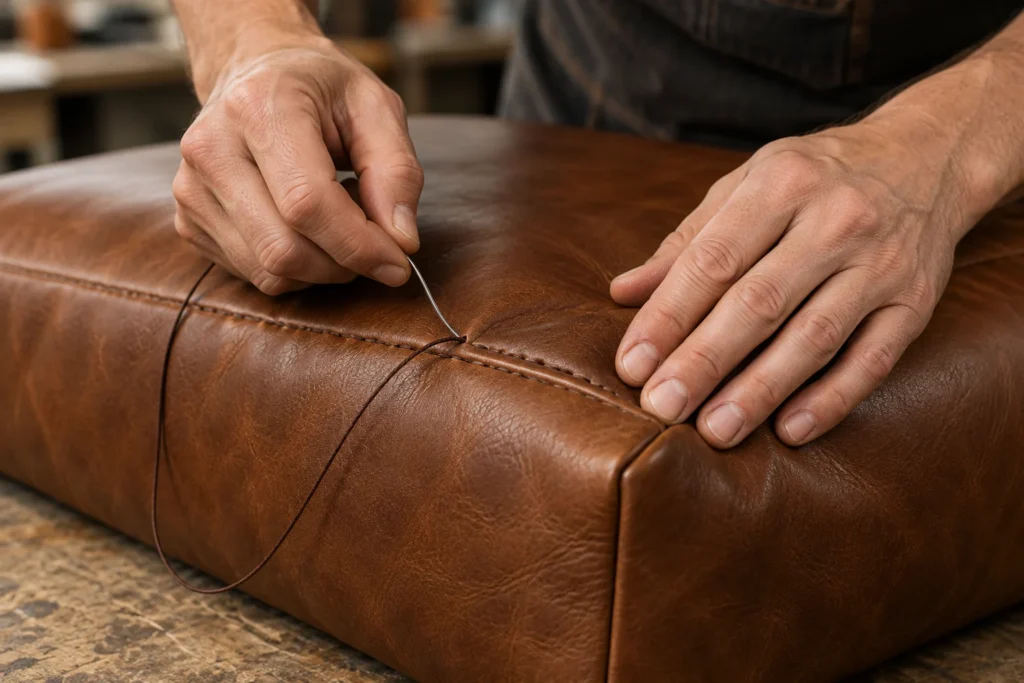 Stitching on a leather ottoman