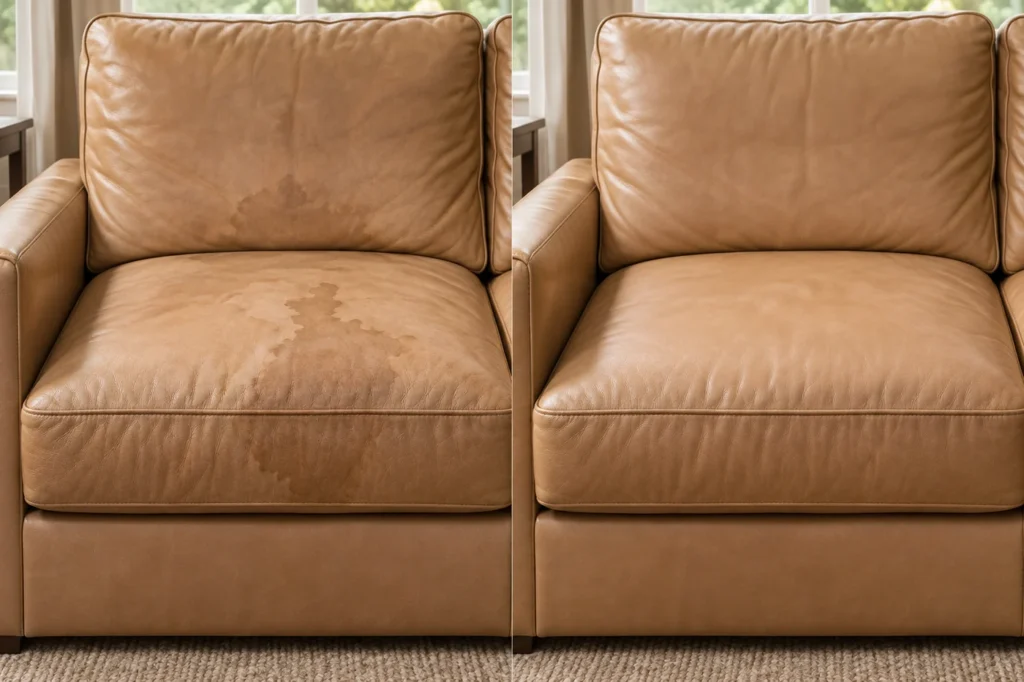 Tan leather loveseat treated for a water mark, before and after