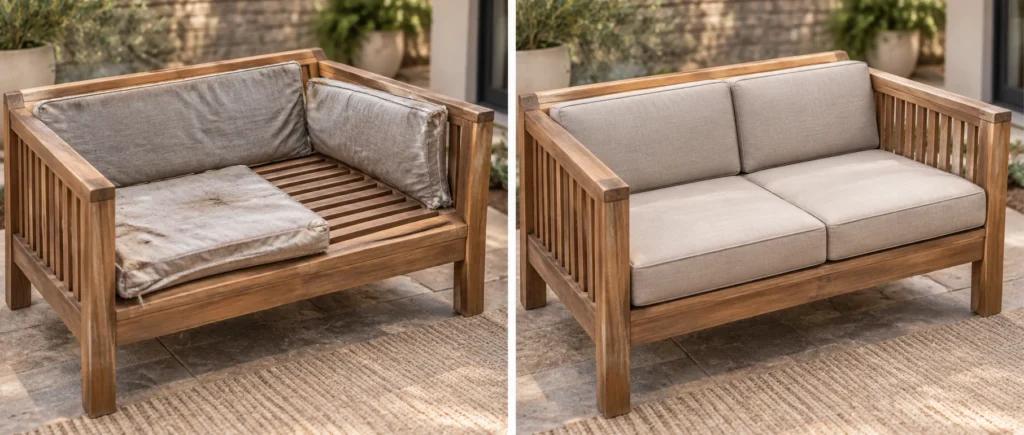 Cushions on a teak outdoor loveseat, shown before and after replacement