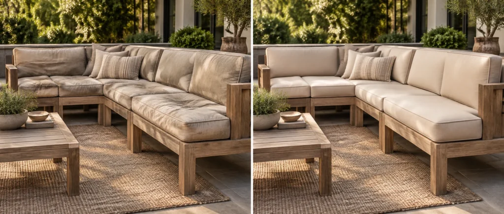 A teak outdoor sectional before and after, the same frame with new cushions
