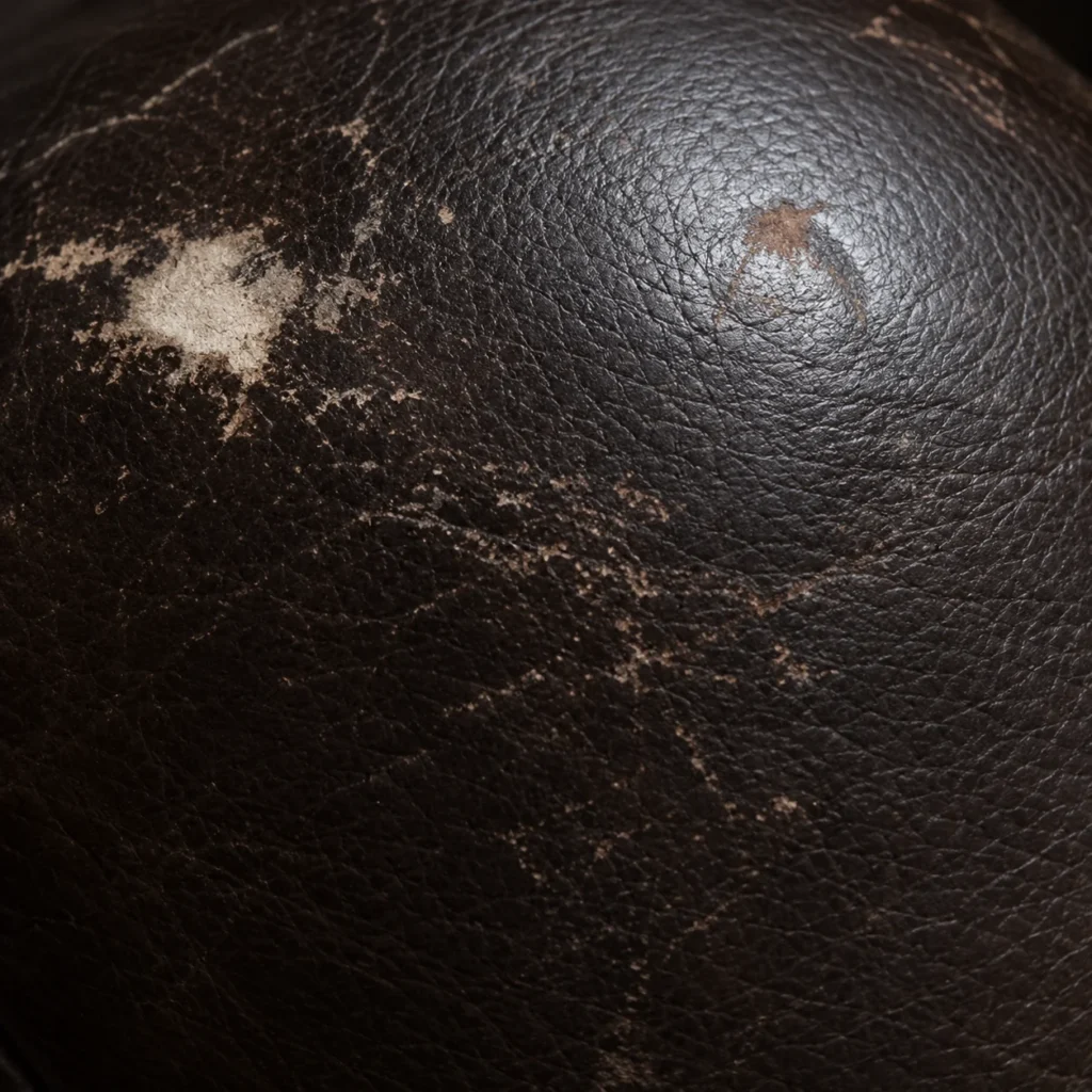 Scratches and a scuff grouped on dark leather theater seating