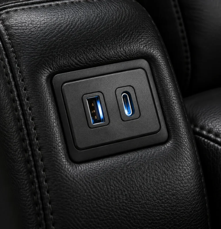 Charging ports detail on a theater recliner