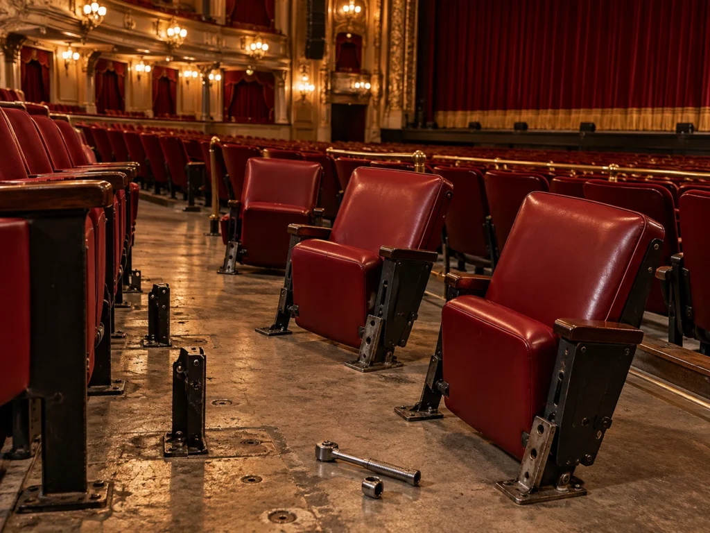 Theater seats with their bolts removed