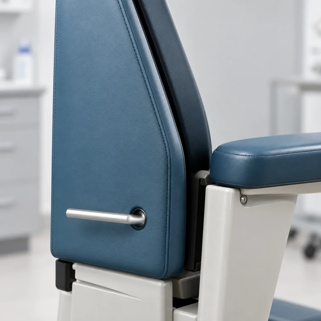 Treatment chair back panel with a grab handle coming through its cutout