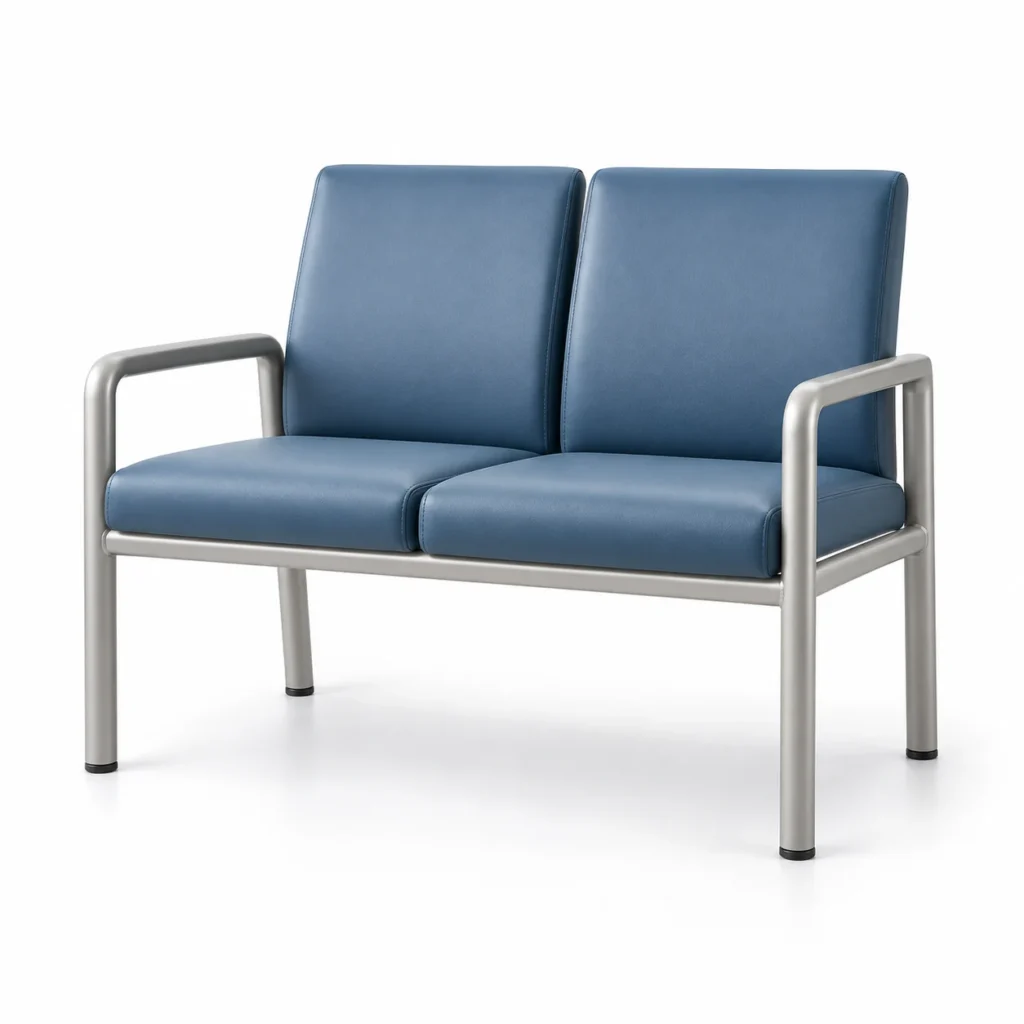 A blue two-seat vinyl bench in a waiting room