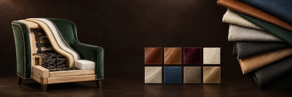 Cutaway of an upholstered chair showing frame, springs, foam and fabric layers