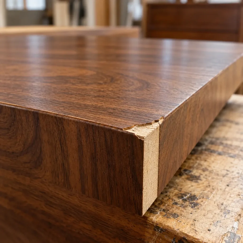 Edge view comparing a thin veneer face on a core with solid wood