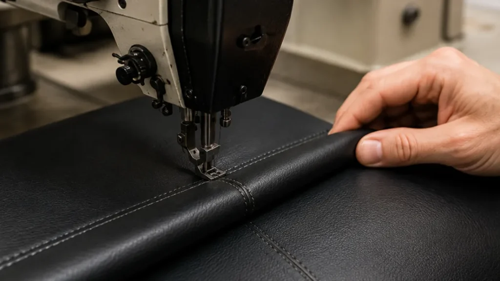 A vinyl panel stitched again with a replacement section
