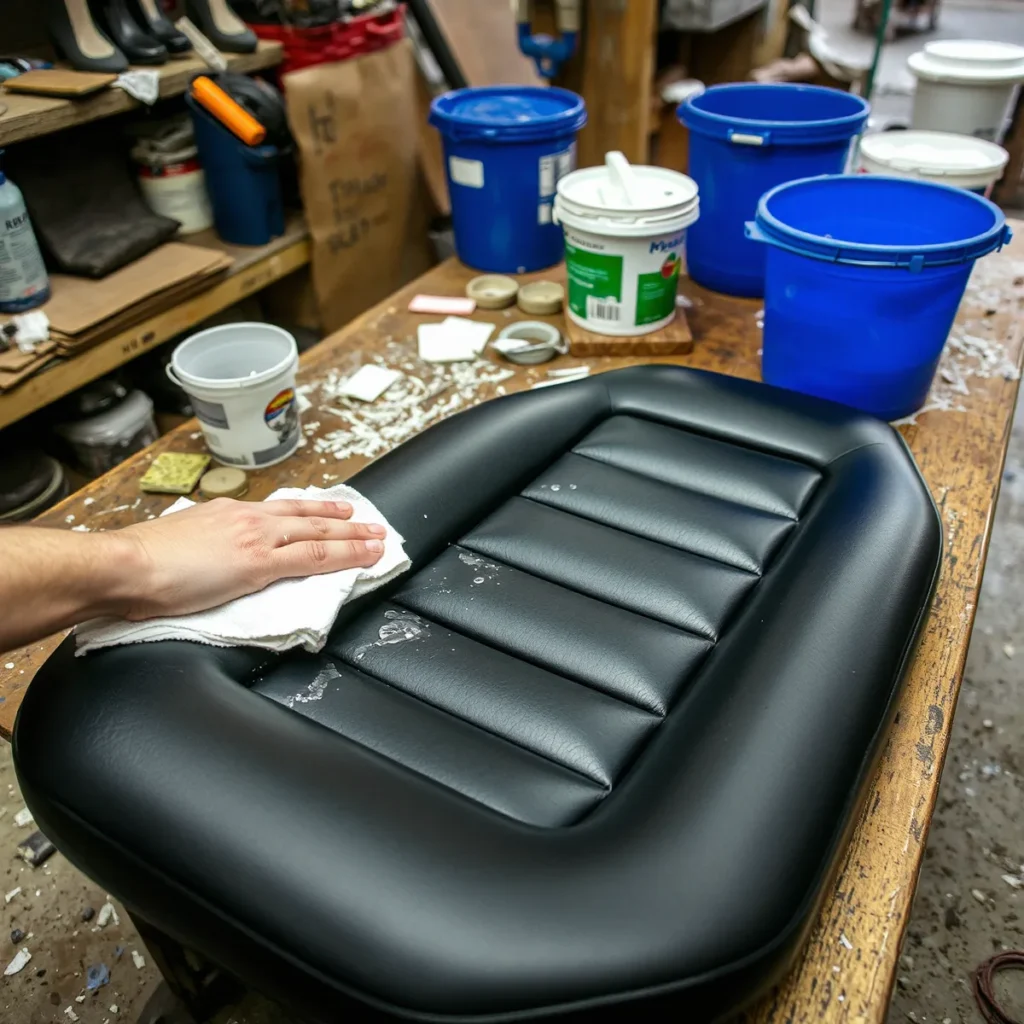 A vinyl seat on the prep bench