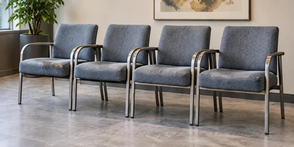 Four waiting room chairs in a row before the work, with one heavily stained seat