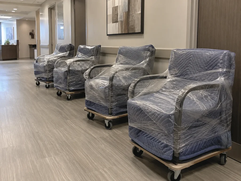 Waiting room chairs wrapped for pickup