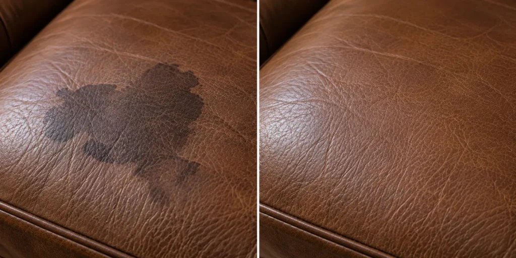 Water damage on leather: dark patches, before and after