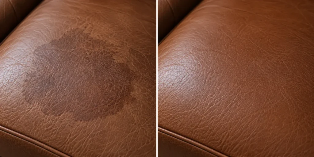 Water damage on leather: clouded finish, before and after