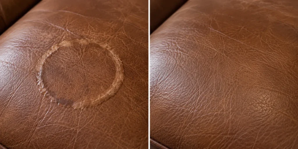 Water damage on leather: rings, before and after