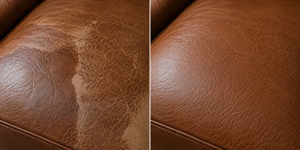 Water damage on leather: tide lines, before and after