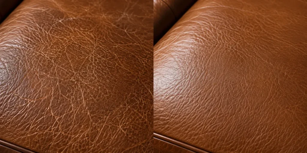 Water damage on leather: uneven color, before and after