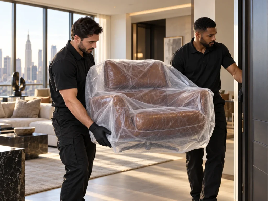 White-glove movers handling a wrapped leather chair
