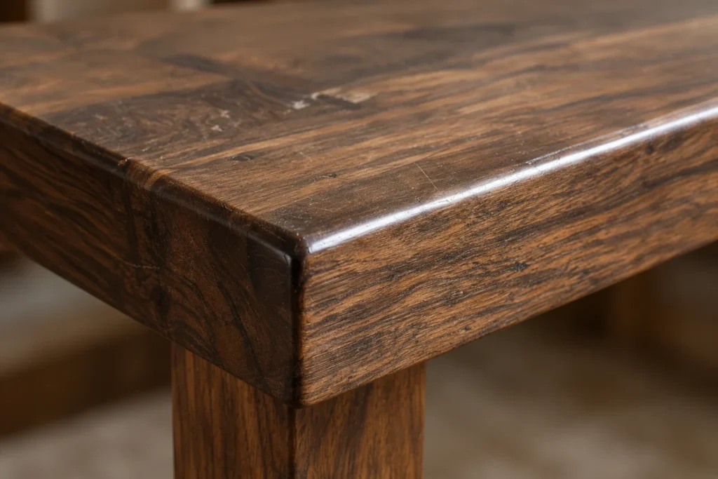 Corner of a dark walnut veneered tabletop