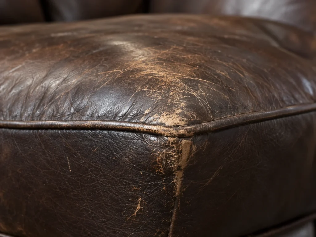 Worn finish on a leather ottoman