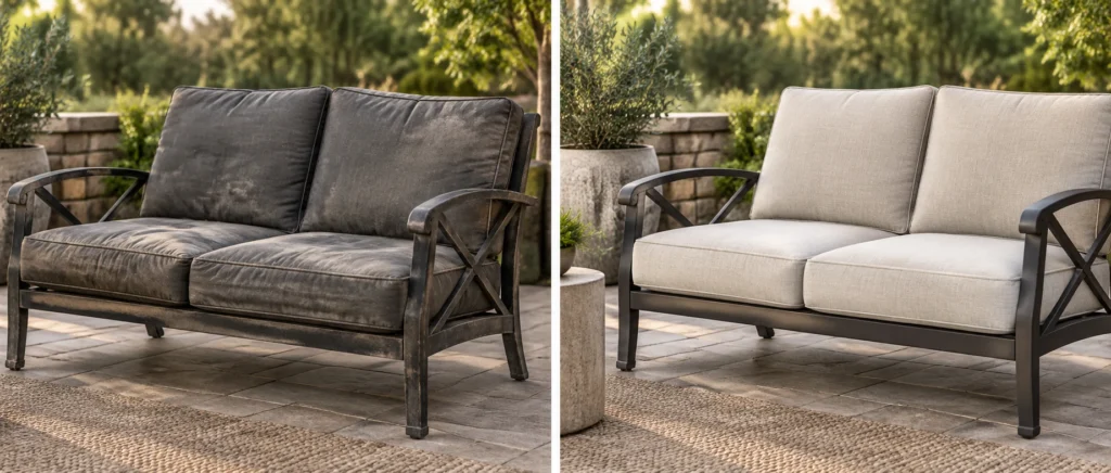 Cushions on a metal-frame outdoor loveseat, shown before and after replacement