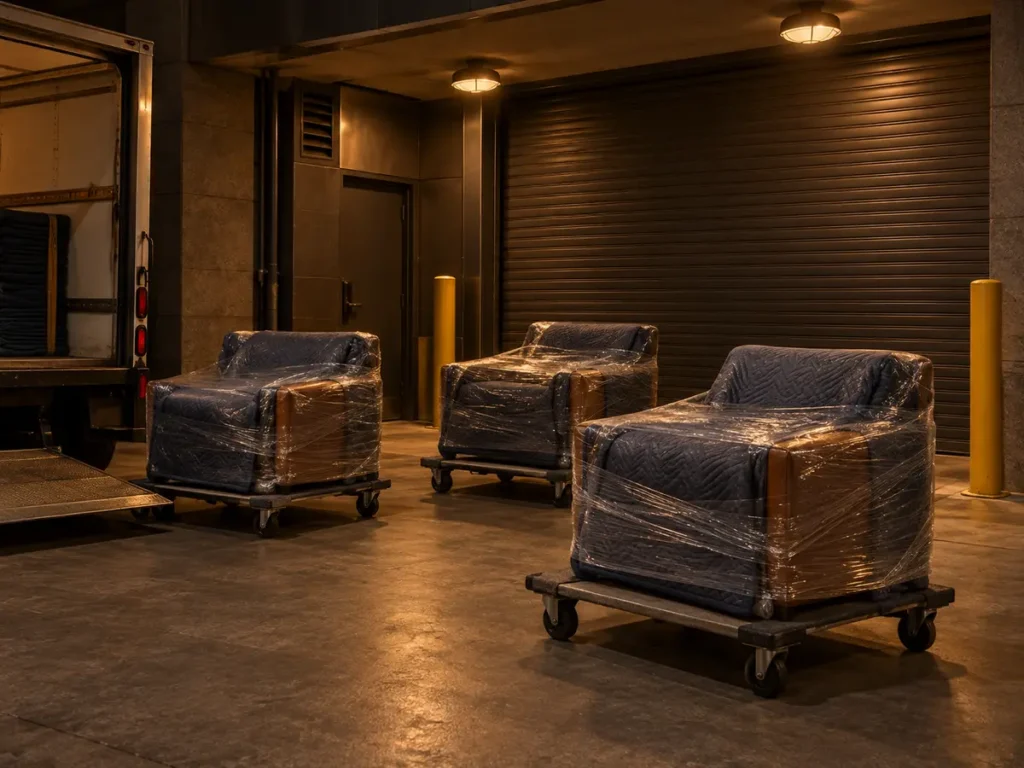 Wrapped lobby furniture loading at night