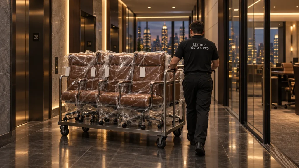 Wrapped office chairs on a cart after hours